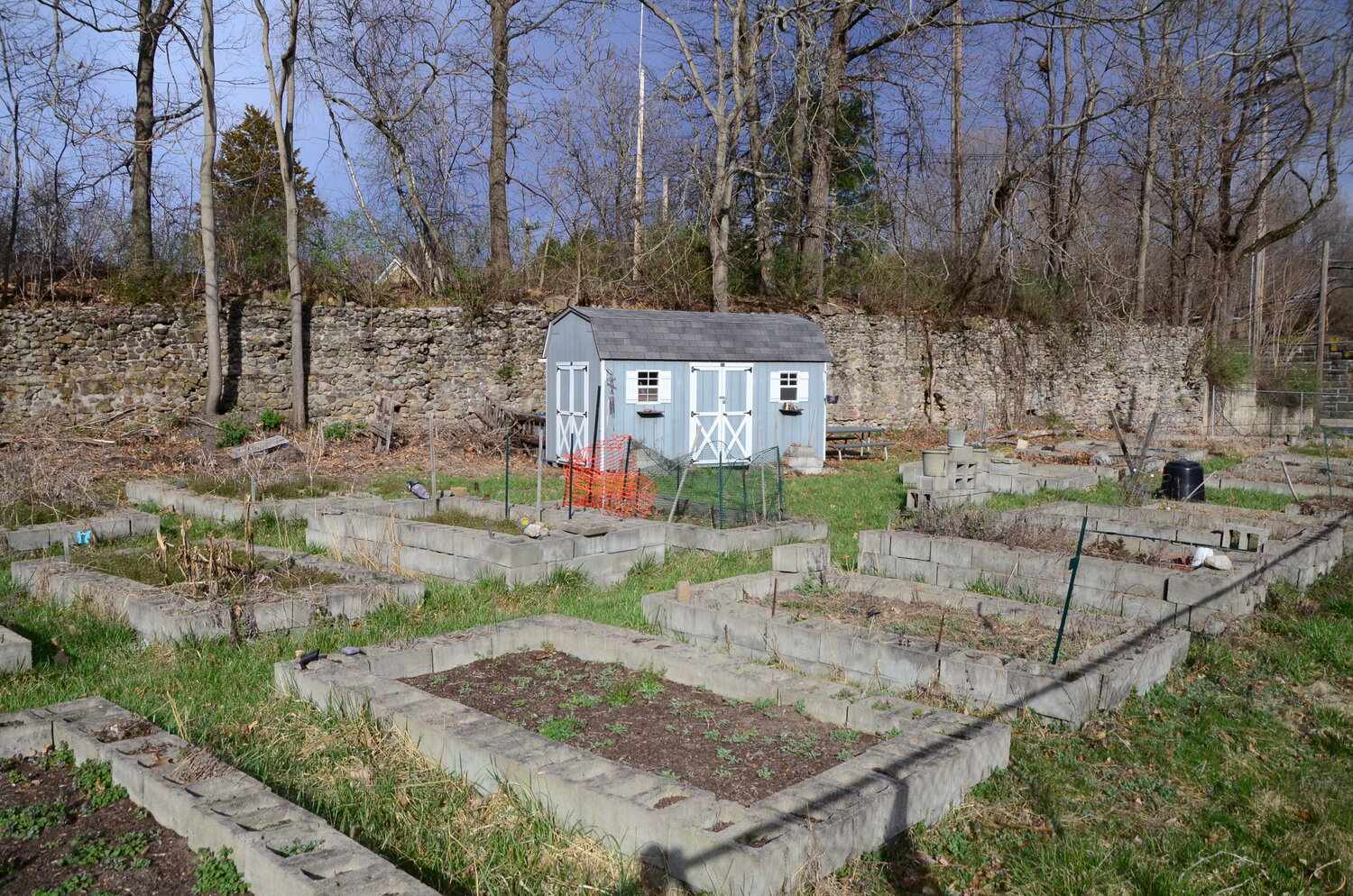 In Port Jervis, a community garden space exists on North Street, with raised beds efficiently constructed from cinder blocks.